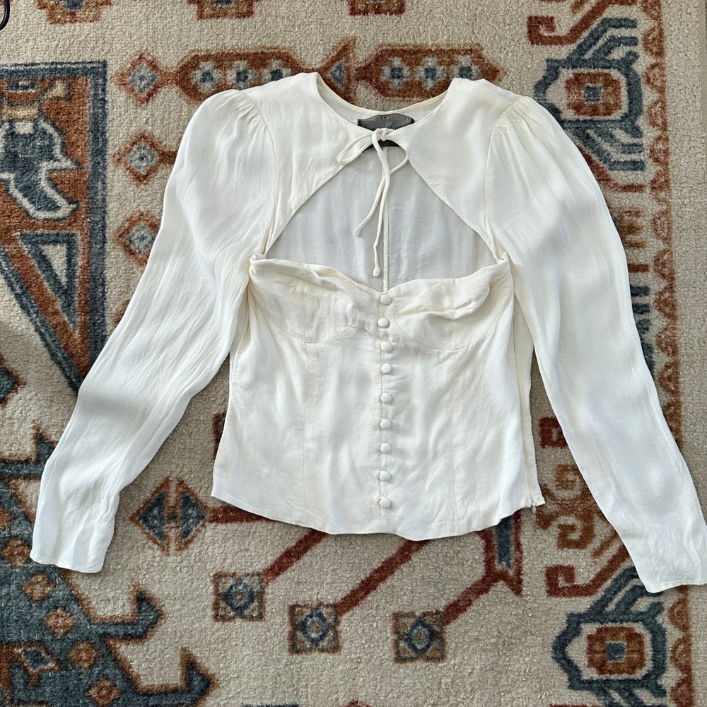 *Unavailable* Reformation Cream Button Down Long Sleeve Cutout Tie Front Top 6